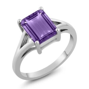 gem stone king 925 sterling silver purple amethyst solitaire engagement ring for women | 2.25 cttw | emerald cut 9x7mm | gemstone birthstone | ring size 5-9