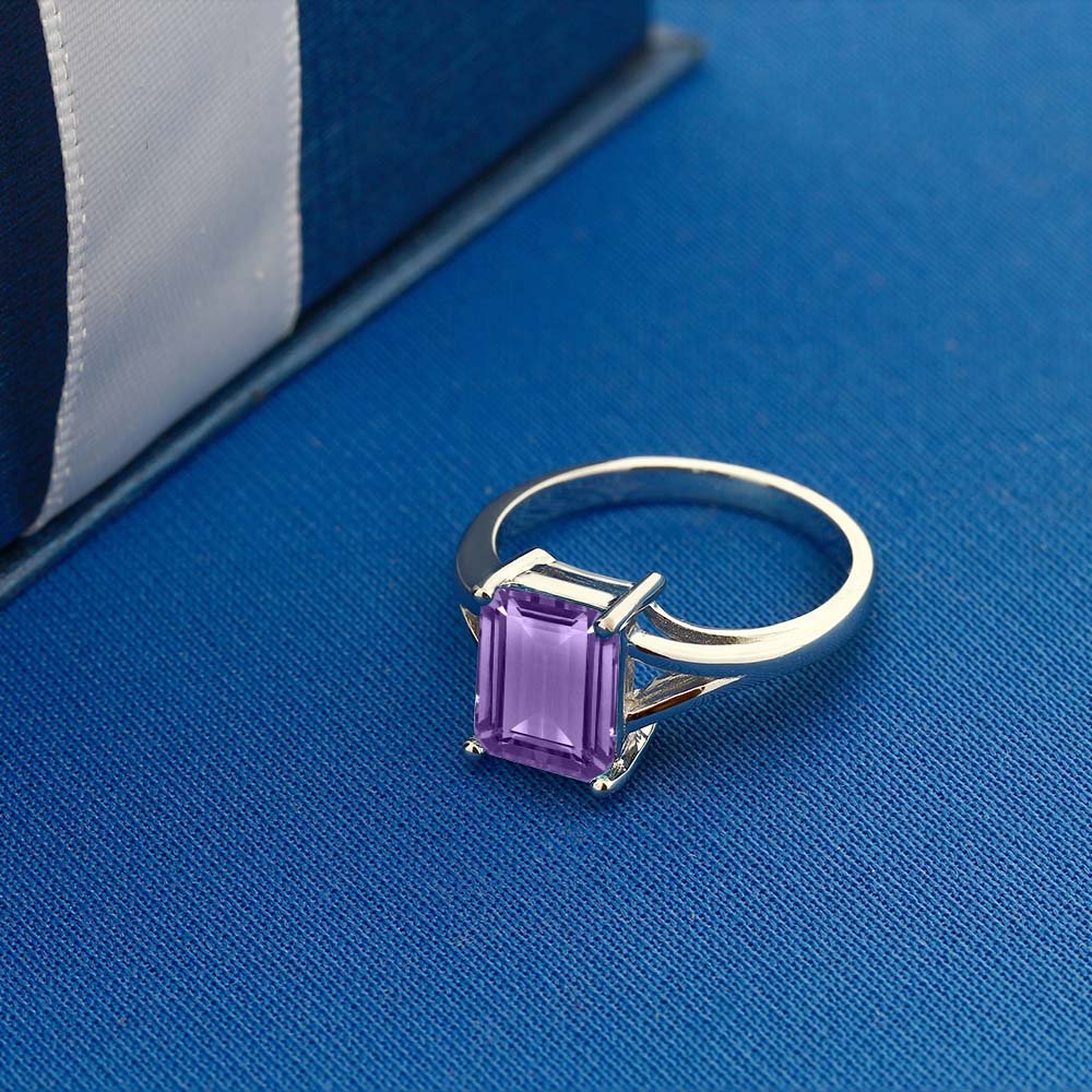 Gem Stone King 925 Sterling Silver Purple Amethyst Solitaire Engagement Ring For Women | 2.25 Cttw | Emerald Cut 9X7MM | Gemstone Birthstone | Ring Size 5-9