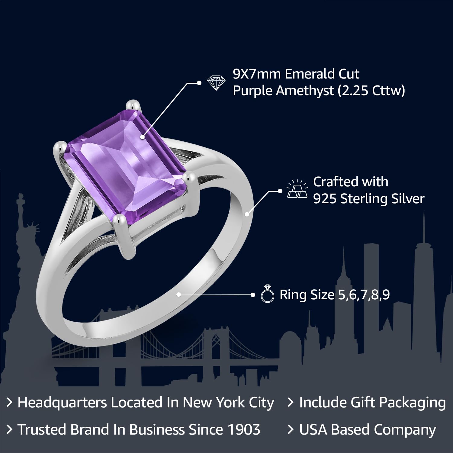 Gem Stone King 925 Sterling Silver Purple Amethyst Solitaire Engagement Ring For Women | 2.25 Cttw | Emerald Cut 9X7MM | Gemstone Birthstone | Ring Size 5-9