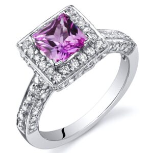 PEORA Created Pink Sapphire Princess Halo Ring Sterling Silver 1.00 Carats Size 8