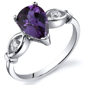 peora simulated alexandrite 3-stone teardrop ring for women 925 sterling silver, color-changing, 1.75 carats pear shape 9x6mm, size 7