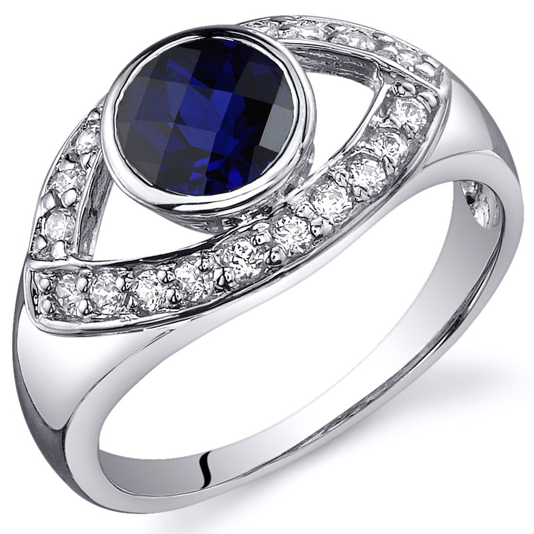 PEORA Created Blue Sapphire Ring in Sterling Silver, Enlightened Third Eye Design, 1.25 Carats total, Round Shape, 6mm, Size 7