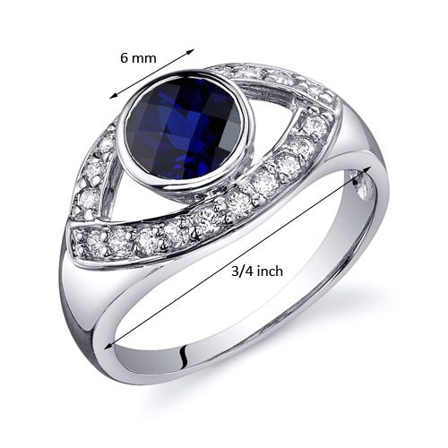 PEORA Created Blue Sapphire Ring in Sterling Silver, Enlightened Third Eye Design, 1.25 Carats total, Round Shape, 6mm, Size 7