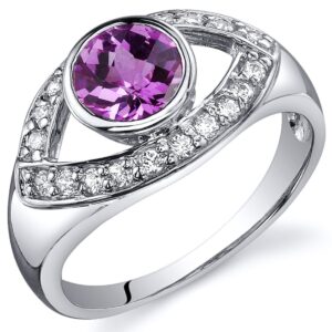 PEORA Created Pink Sapphire Ring in Sterling Silver, Enlightened Third Eye Design, 1 Carat Total Round Shape, 6mm, Size 6