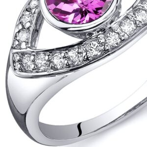 PEORA Created Pink Sapphire Ring in Sterling Silver, Enlightened Third Eye Design, 1 Carat Total Round Shape, 6mm, Size 6