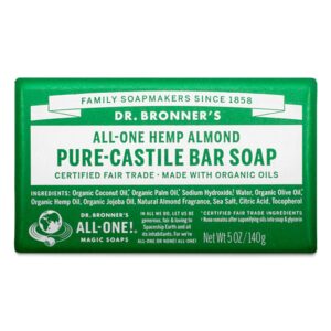 dr. bronner's - pure-castile bar soap (almond, 5 ounce) - made with organic oils, for face, body and hair, gentle and moisturizing, biodegradable, vegan, cruelty-free, non-gmo