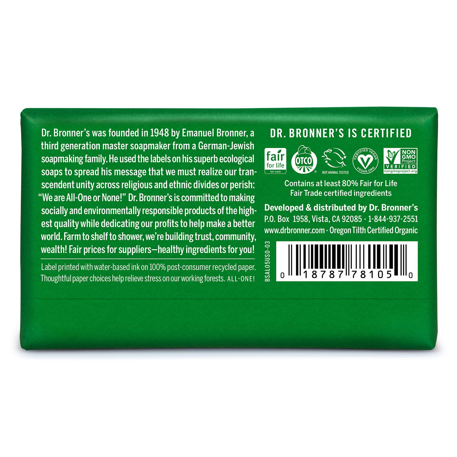 Dr. Bronner's - Pure-Castile Bar Soap (Almond, 5 ounce) - Made with Organic Oils, For Face, Body and Hair, Gentle and Moisturizing, Biodegradable, Vegan, Cruelty-free, Non-GMO