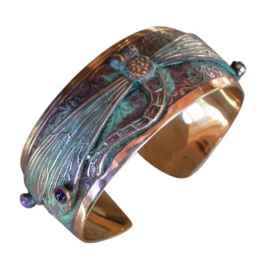 Elaine Coyne Collectible Artwear Patina Dragonfly Cuff Bracelet - Genuine Amethyst and Garnet - USA Made