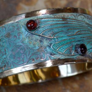 Elaine Coyne Collectible Artwear Patina Dragonfly Cuff Bracelet - Genuine Amethyst and Garnet - USA Made