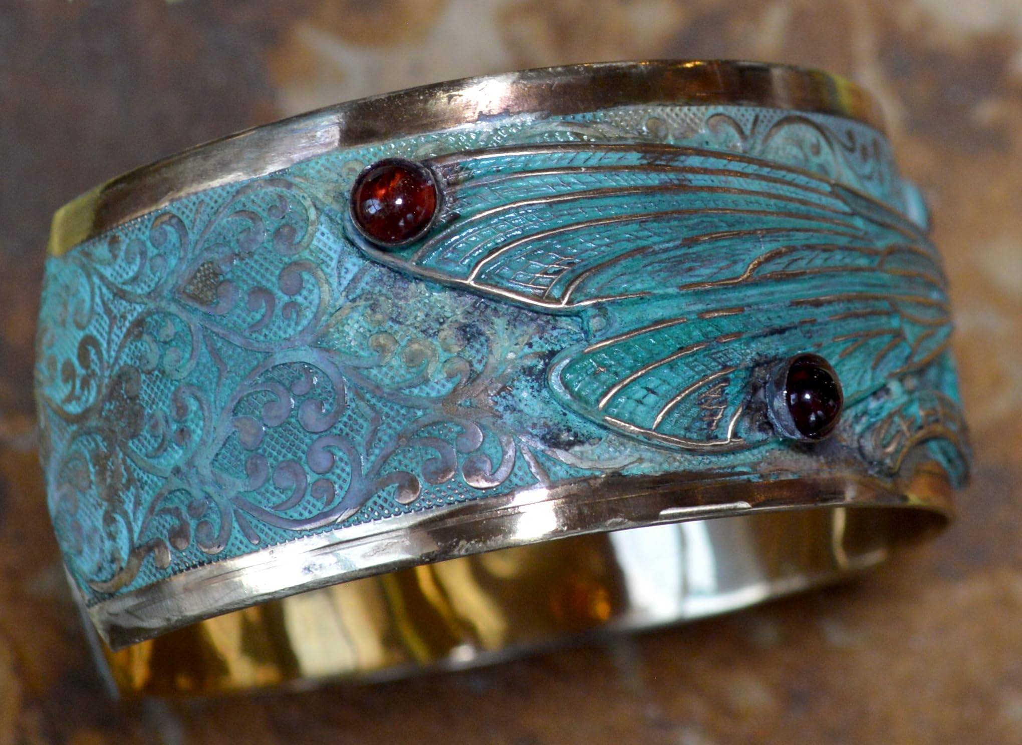 Elaine Coyne Collectible Artwear Patina Dragonfly Cuff Bracelet - Genuine Amethyst and Garnet - USA Made