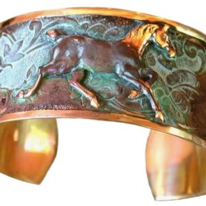 Elaine Coyne Collectible Artwear Verdigris Patina Contemporary Running Horse Cuff Bracelet - USA Made