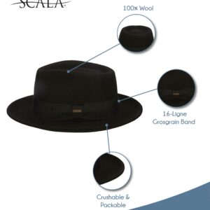 Scala Classico Men's Crushable Water Repelant Wool Felt Fedora Hat, Black, X-Large