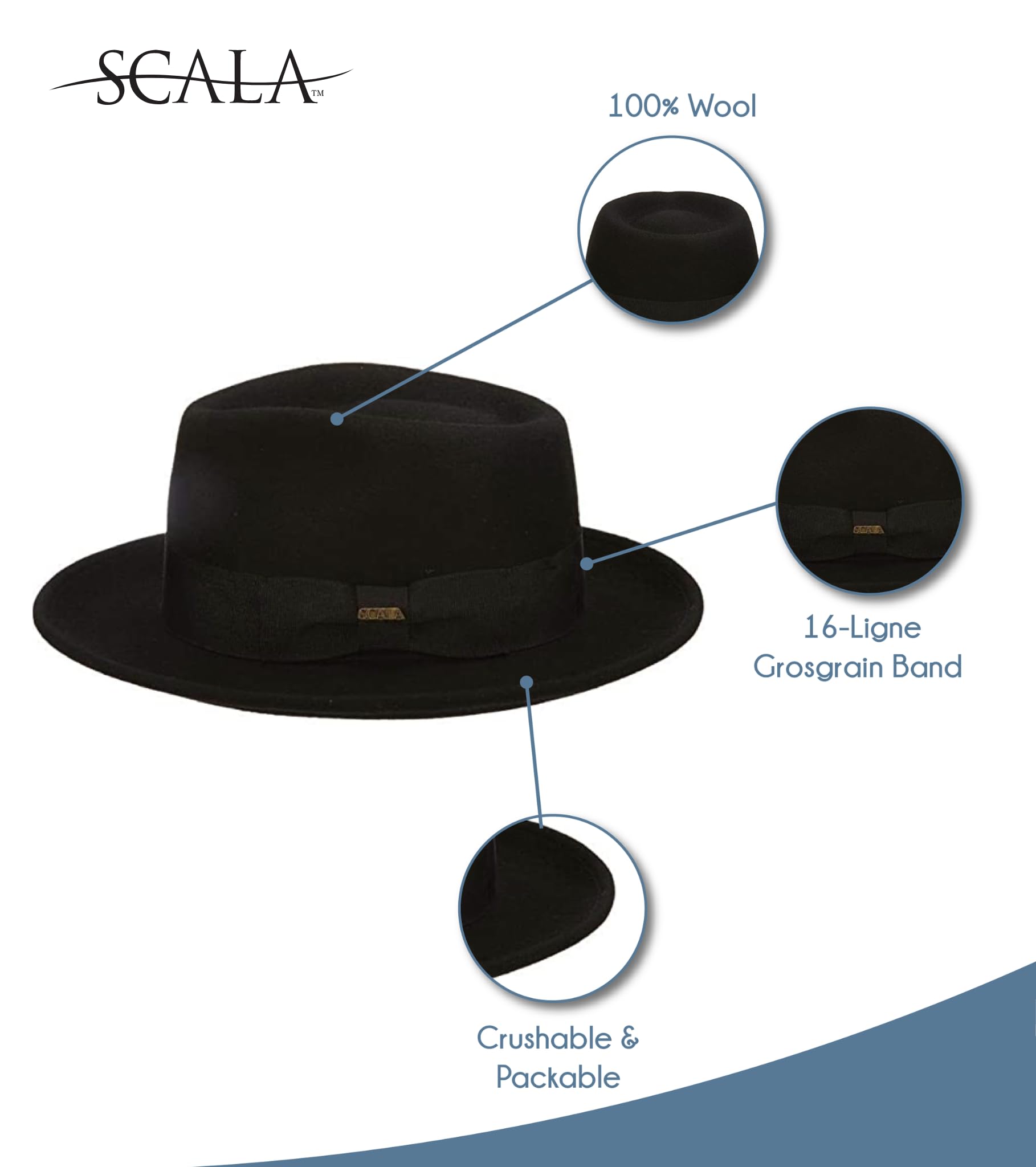 Scala Classico Men's Crushable Water Repelant Wool Felt Fedora Hat, Black, X-Large