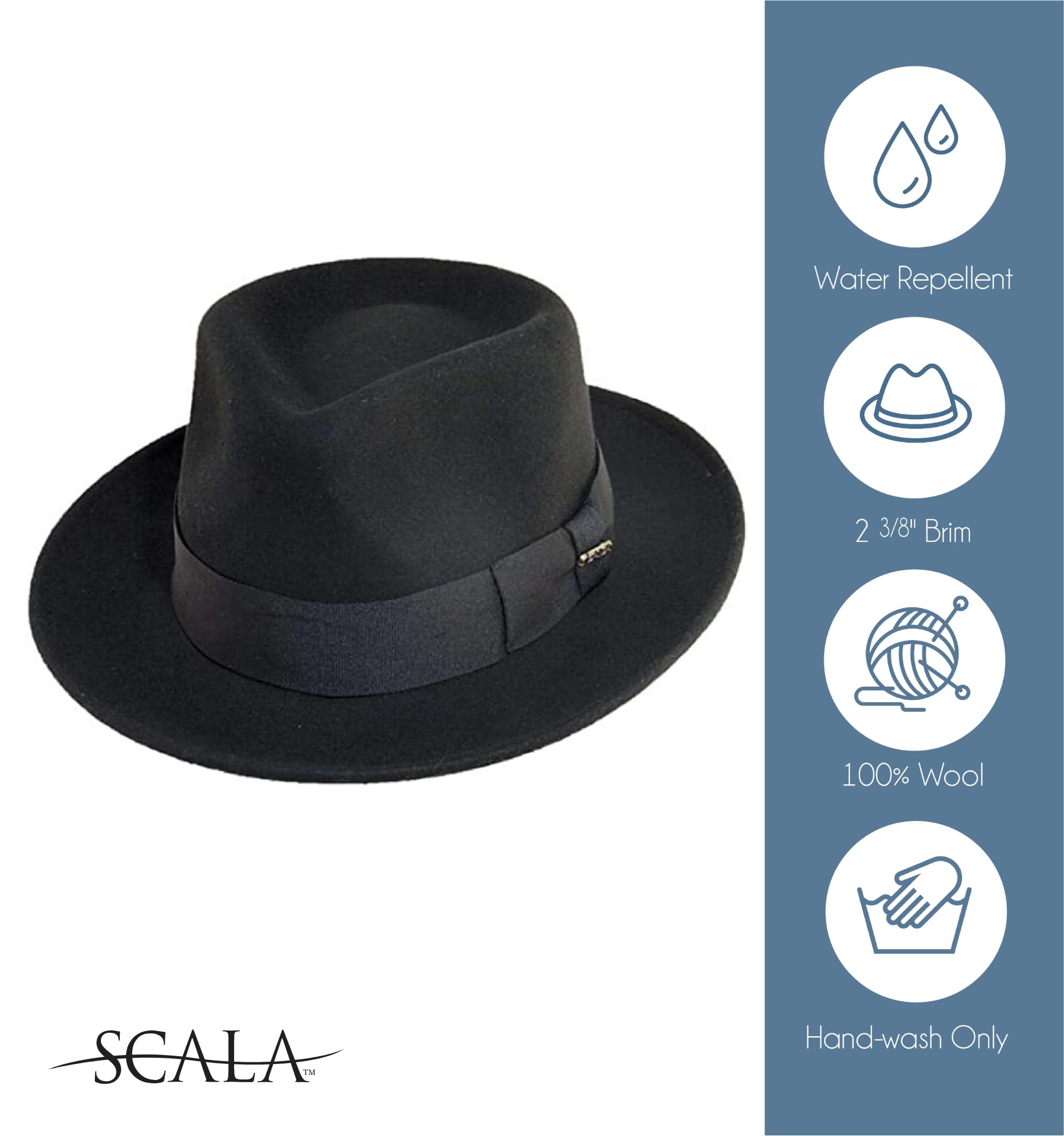 Scala Classico Men's Crushable Water Repelant Wool Felt Fedora Hat, Black, X-Large