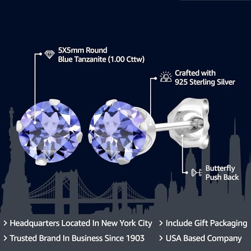 Gem Stone King 925 Sterling Silver Tanzanite Earrings | 1.00 Cttw | Round 5MM | Gemstone Birthstone Stud Earrings for Women