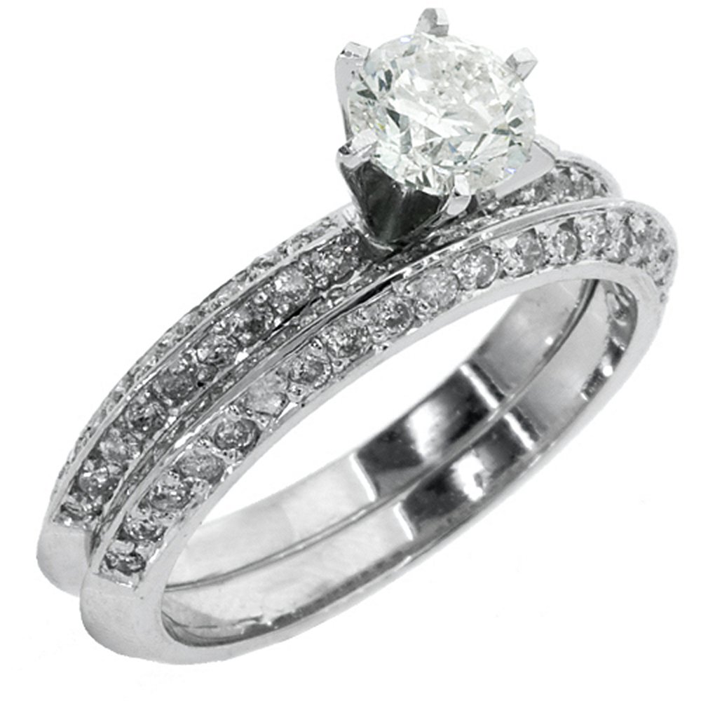 14k White Gold Round Pave Diamond Engagement Ring Wedding Band Set 1.25 Carats