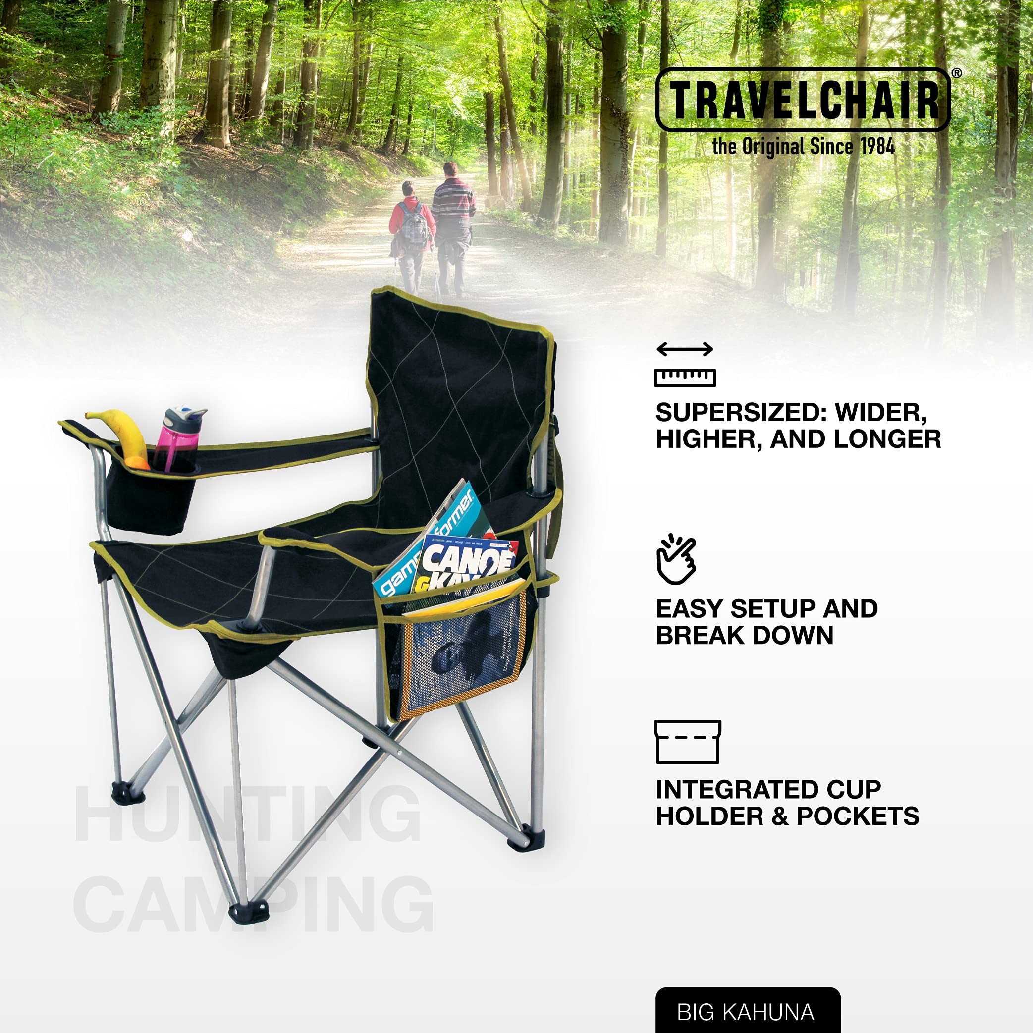 TravelChair Big Kahuna Chair, Supersized Camping Chair, 800lb Capacity, Brown/Lime, One Size (599)