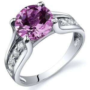 peora created pink sapphire cathedral solitaire ring for women 925 sterling silver, 2.75 carats round shape 8mm, size 5