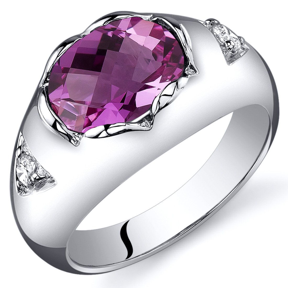 PEORA Created Pink Sapphire Ring in Sterling Silver, Contoured Signet Design, 2.50 Carats Oval Shape 9x7mm, Comfort Fit, Size 8