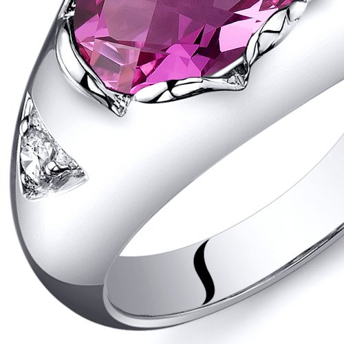 PEORA Created Pink Sapphire Ring in Sterling Silver, Contoured Signet Design, 2.50 Carats Oval Shape 9x7mm, Comfort Fit, Size 8