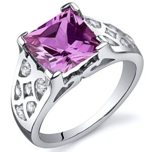 PEORA Created Pink Sapphire Ring for Women in Sterling Silver, Vintage Lattice Design, Princess Cut 3.25 Carats total, Comfort Fit, Size 8