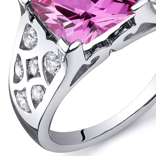 PEORA Created Pink Sapphire Ring for Women in Sterling Silver, Vintage Lattice Design, Princess Cut 3.25 Carats total, Comfort Fit, Size 8