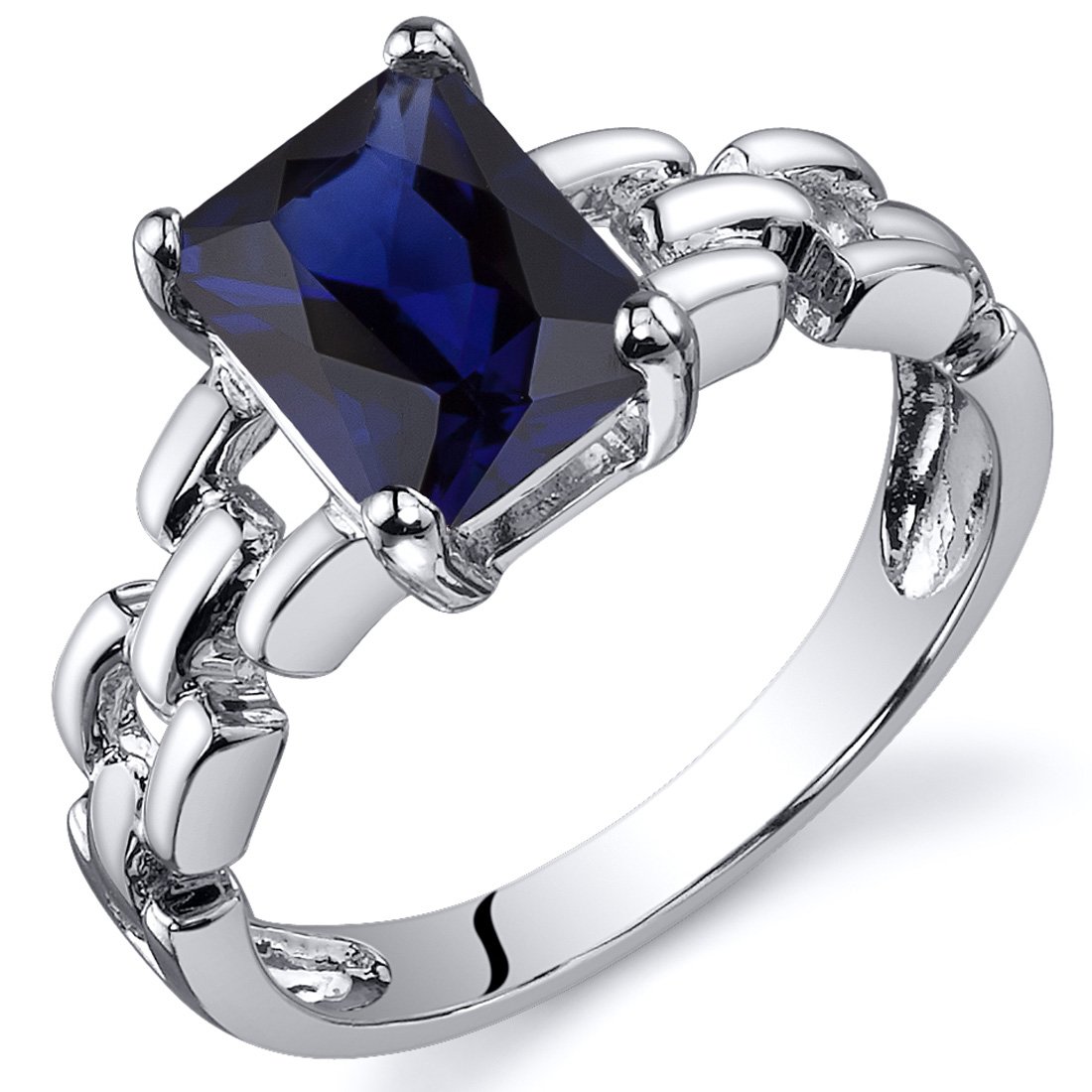 PEORA Created Blue Sapphire Chain Link Ring for Women 925 Sterling Silver, 2 Carats Radiant Cut 8x6mm, Size 9