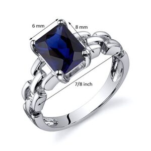 PEORA Created Blue Sapphire Chain Link Ring for Women 925 Sterling Silver, 2 Carats Radiant Cut 8x6mm, Size 9