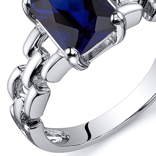 PEORA Created Blue Sapphire Chain Link Ring for Women 925 Sterling Silver, 2 Carats Radiant Cut 8x6mm, Size 9