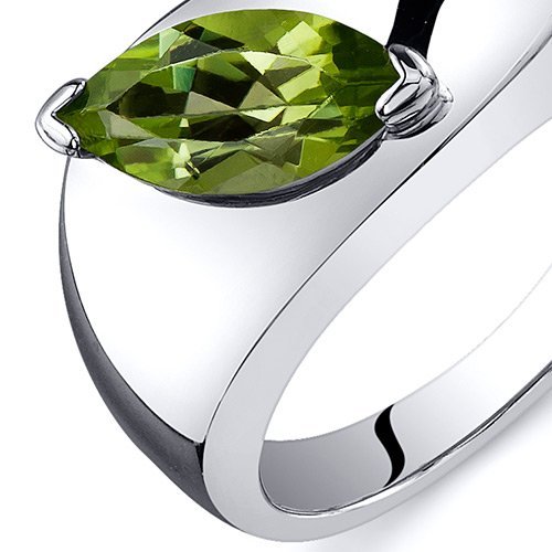 PEORA Peridot Museum Solitaire Ring for Women 925 Sterling Silver, Genuine Gemstone Birthstone, 1 Carat Marquise Shape 10x5mm, Size 7