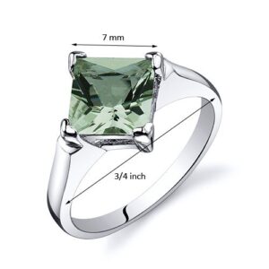 PEORA Green Amethyst Engagement Ring in Sterling Silver, Classic Designer Solitaire, Princess Cut, 7mm, 1.50 Carats, Comfort Fit, Size 6