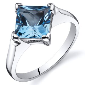 PEORA Swiss Blue Topaz Engagement Ring for Women 925 Sterling Silver, Classic Solitaire, Natural Gemstone, 2 Carats Princess Cut 7mm, Size 5