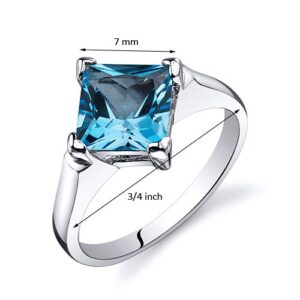 PEORA Swiss Blue Topaz Engagement Ring for Women 925 Sterling Silver, Classic Solitaire, Natural Gemstone, 2 Carats Princess Cut 7mm, Size 5