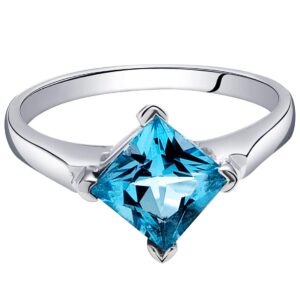 PEORA Swiss Blue Topaz Engagement Ring for Women 925 Sterling Silver, Classic Solitaire, Natural Gemstone, 2 Carats Princess Cut 7mm, Size 5