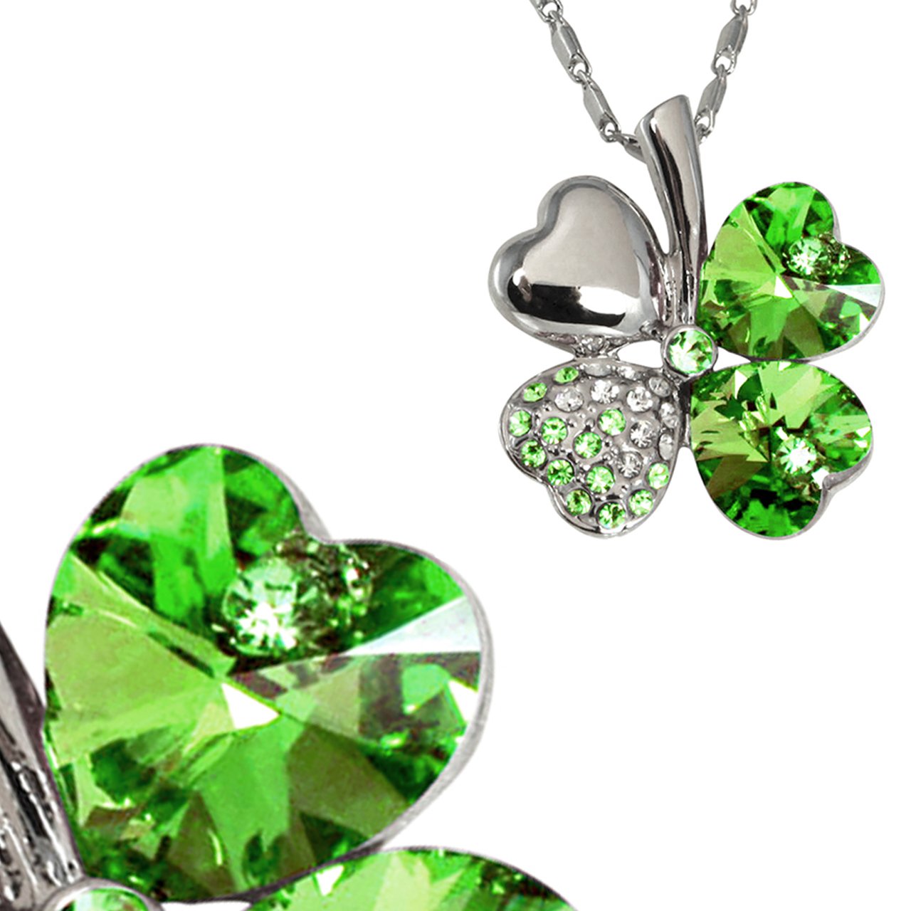 Dahlia Four Leaf Clover Necklace with Swarovski Crystals, Rhodium Plated, 16" w 2" Extender, Green