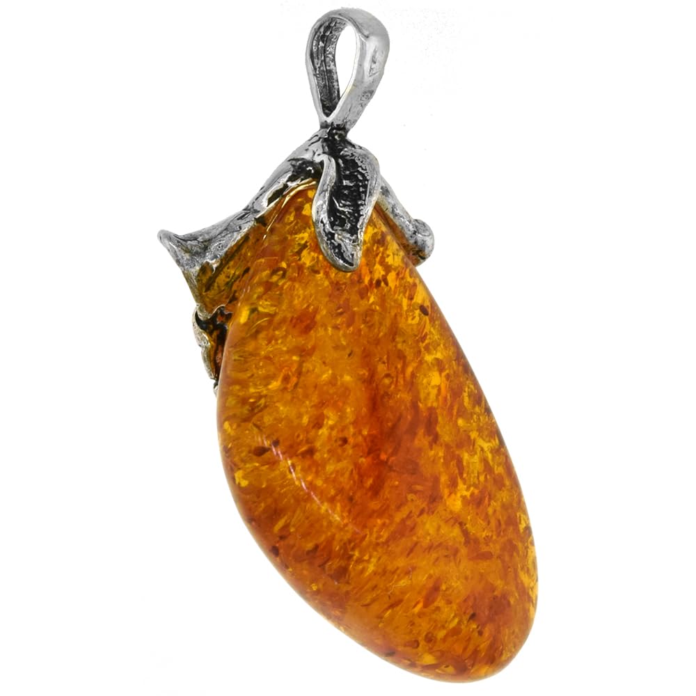 1 3/16 inch Long Sterling Silver Baltic Amber Teardrop Pendant for Women Trumpet Flower Design Cap No Chain Included