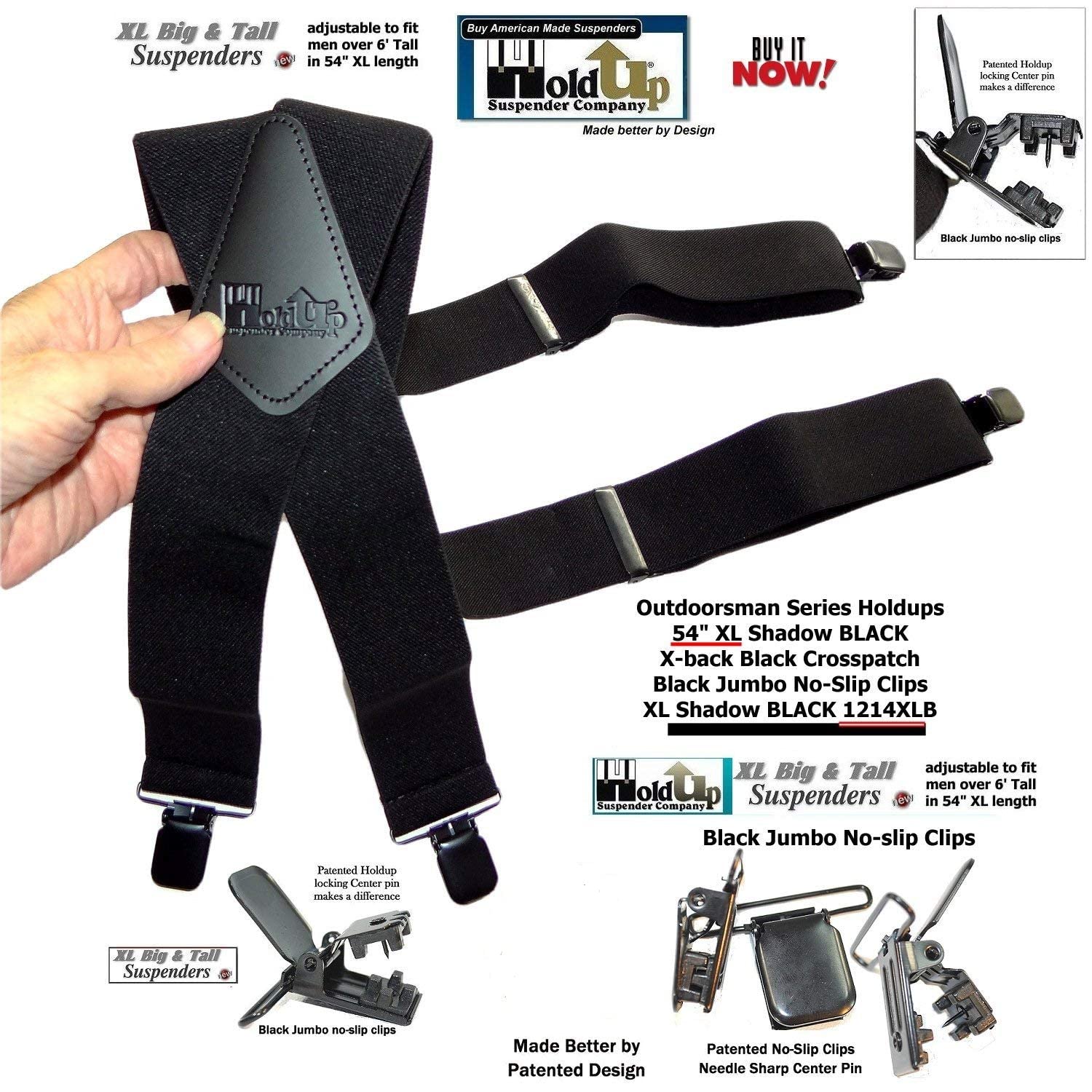 Holdup 2" Wide Outdoorsman Series Shadow Black XL Suspenders for Men with Patented "No-Slip" Metal Clips