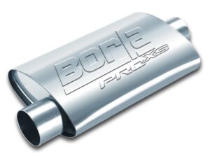 borla 40359 proxs universal performance muffler 3" offset inlet / 3" center outlet 14" long body 19" overall length un-notched necks reversible design t-304 stainless steel