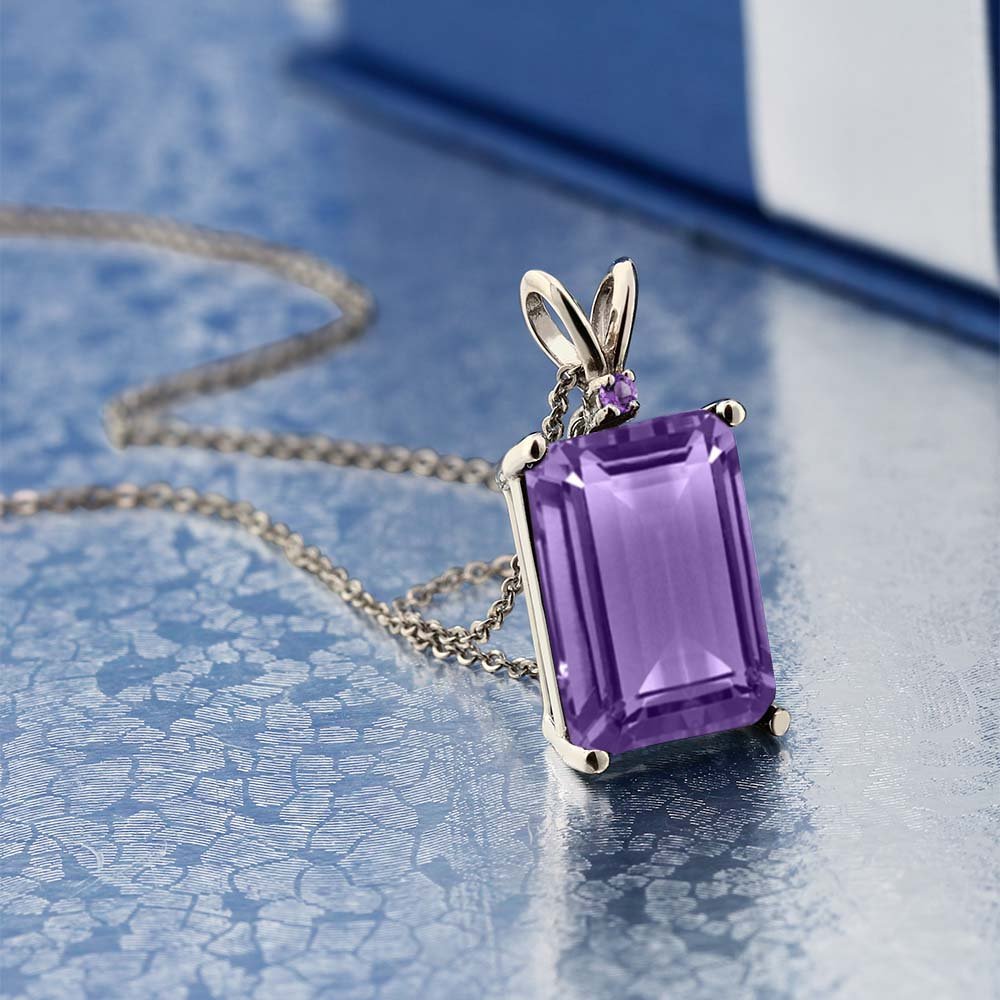 Gem Stone King 7.12 Cttw Purple Amethyst Pendant Necklace For Women In 925 Sterling Silver | Gemstone February Birthstone | Emerald Cut 14X10MM | With 18 Inch Silver Chain