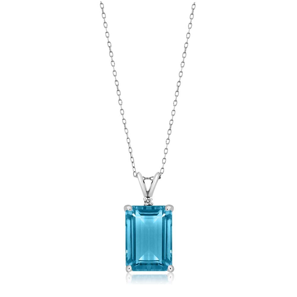 Gem Stone King 925 Silver Swiss Blue Topaz and White Topaz Pendant Necklace For Women (9.72 Cttw, Gemstone November Birthstone, Emerald Cut 14X10MM, with 18 Inch Silver Chain)