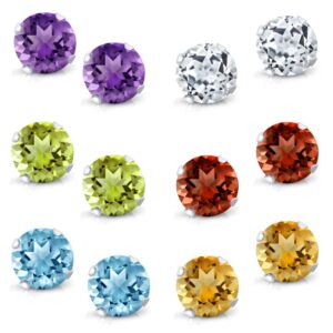 gem stone king 925 sterling silver set of 6 round 4mm gemstone stud earrings - amethyst, topaz, garnet, citrine, peridot - sparkling and elegant jewelry for women