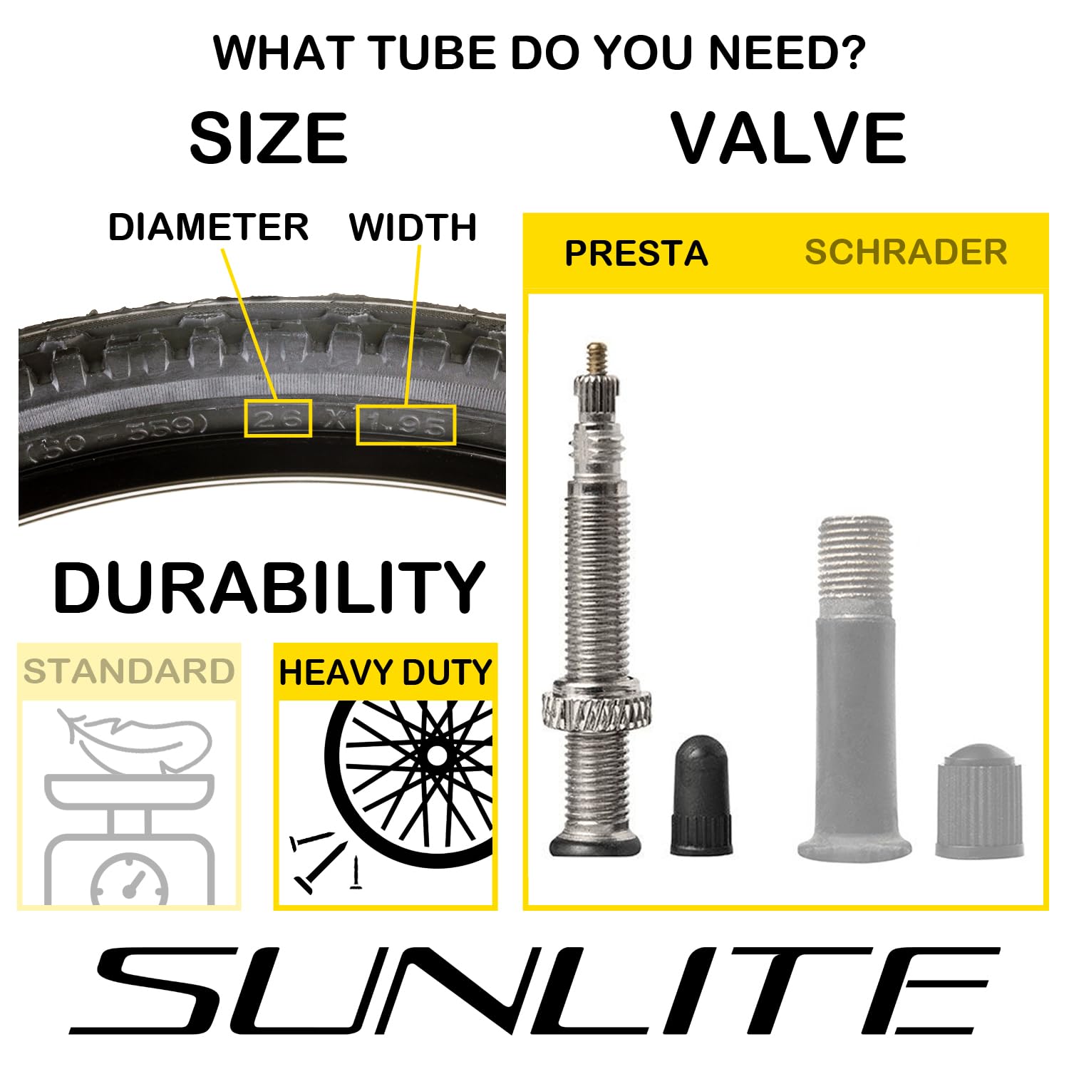 Sunlite Thorn Resistant Presta Valve Tubes, 26 x 1.50-1.95" / 32mm, Black