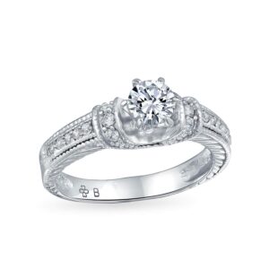 Personalize Vintage Art Deco Style 1CT Brilliant Round Solitaire U Set 6 Prong AAA CZ Engagement Ring For Women With Intricate Heirloom Filigree Details on Sides Of Pave Band .925 Sterling Silver