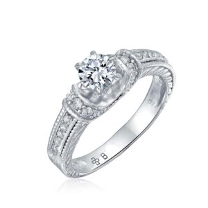 Personalize Vintage Art Deco Style 1CT Brilliant Round Solitaire U Set 6 Prong AAA CZ Engagement Ring For Women With Intricate Heirloom Filigree Details on Sides Of Pave Band .925 Sterling Silver