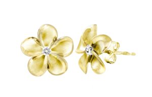 honolulu jewelry company 14k yellow gold plated sterling silver plumeria flower nature stud earrings with cz, 12mm