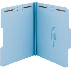 Smead 100% Recycled Pressboard Fastener File Folder, 2 Fasteners, 1/3-Cut Tab, 1" Expansion, Letter Size, Blue, 25 per Box (15000)