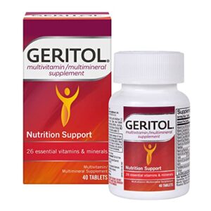 geritol, multivitamin supplement, contains b-vitamins, antioxidants, vitamins c, e & d and iron, 26 essential vitamins and minerals, gluten-free, non-gmo, no artificial sweeteners, 40 tablets