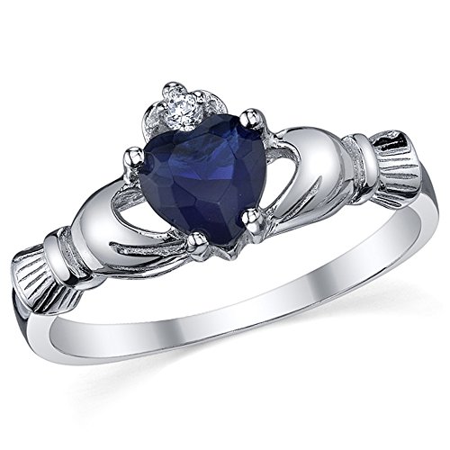 Sterling Silver 925 Irish Claddagh Friendship & Love Simulated Sapphire Blue Heart CZ Cubic Zirconia Ring 5