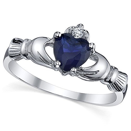 Sterling Silver 925 Irish Claddagh Friendship & Love Simulated Sapphire Blue Heart CZ Cubic Zirconia Ring 5