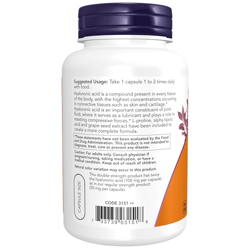 NOW Supplements, Hyaluronic Acid 100 mg, Double Strength with L-Proline, Alpha Lipoic Acid and Grape Seed Extract, 120 Veg Capsules